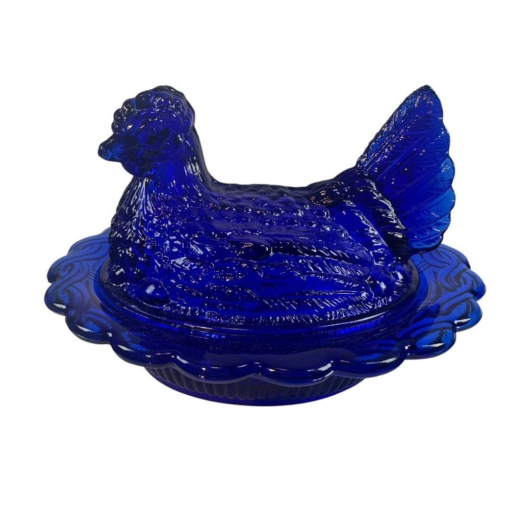 Hen On Nest Art Glass Split Tail Chicken Cobalt Blue 5” Farmhouse Style New